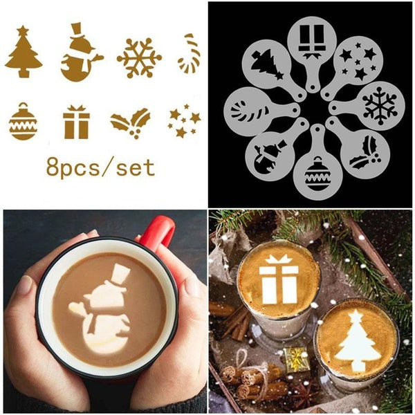 8Pcs Christmas Cake Stencil Templates Cookie Fondant Baking Painting Mold Tools Dessert Coffee Decorating Molds