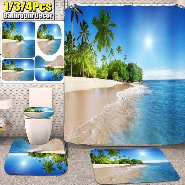 4-3-1Pcs Bathroom Decor Rugs Set Bathroom Sun Beach Print Waterproof Shower Curtain Non-slip Mats Bath Carpets Toilet Seat Cover Floor Mats