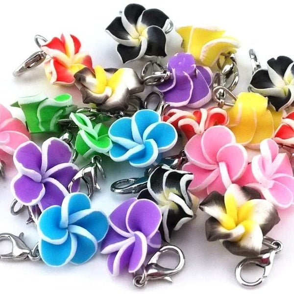 10pcs Assorted Color Frangipani Flower Dangle Charms Pendant with Lobster Clasp Jewelry Making Accessory Fit Floating Locket Charms Necklaces