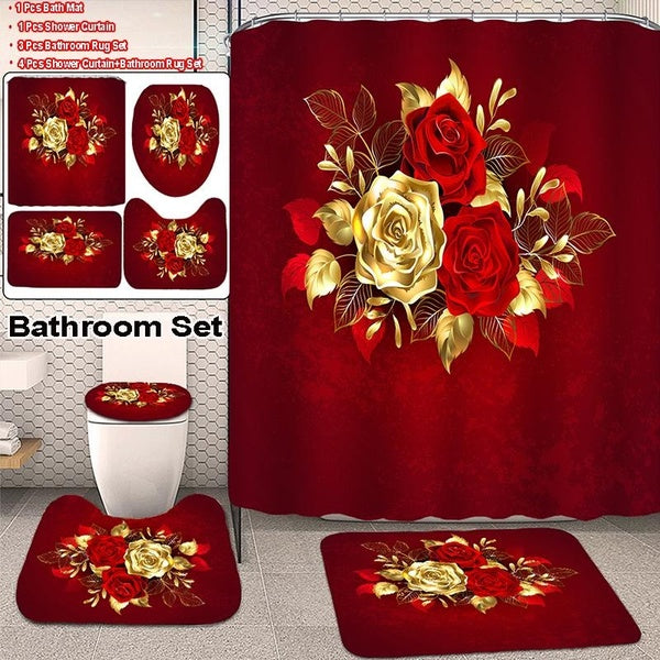 3D Red Gold Rose Print Bathroom Waterproof Shower Curtain Non-slip Mats Bath Carpets Toilet Seat Cover Floor Mat Bathroom Decor Rug Set(1-3-4Pcs)