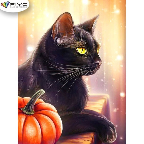 FIYO Black Cat and Pumpkin Diamond Painting Kits For Adults DIY 5D Diamond Mosaic Diamond Painting Home and Kitchen Fashion Canvas Pictures Wall Deco