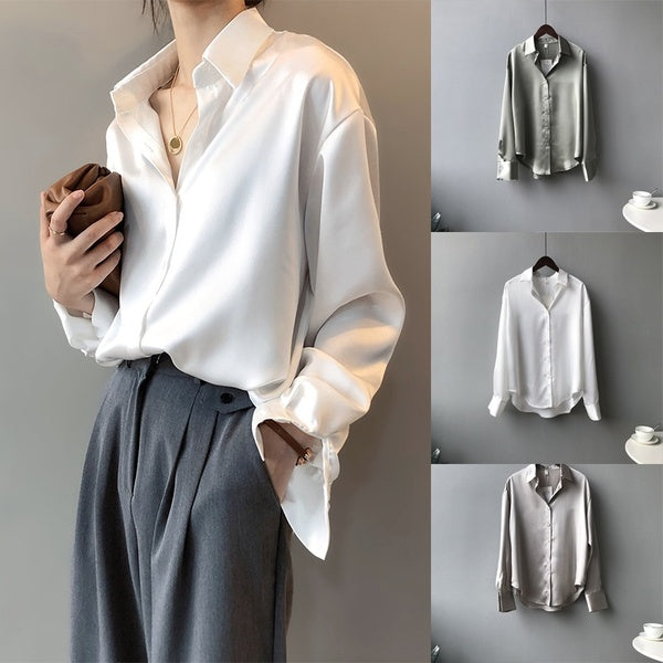 Women Satin Blouse 2020 Summer Autumn Blouses Shirt Office Long Sleeves Female Loose Street Shirts