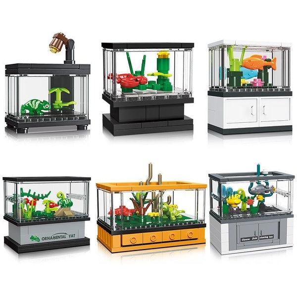 6PC City Creative Desktop Mini Fish Tank Office Decoration DIY Parts Building Blocks Bricks Toys Gifts