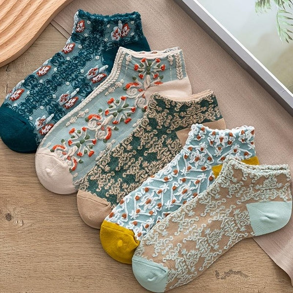 5 Pairs-Set Stylish Cute Vintage Court Style Flower Geometric 3D Textured Low Cut Ankle Socks Summer Thin Socks