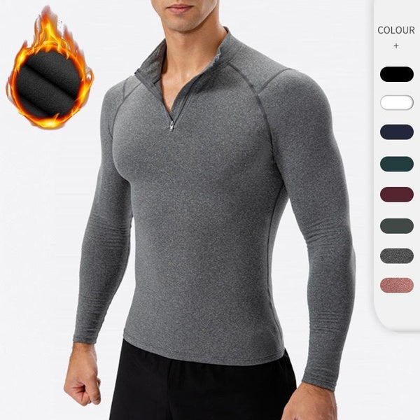 Men's Winter Sports T-shirt Pullovers 1-4 Zip Long Sleeve Fleece Lined Skinny Tops Fitness Muscle Workout Clothing