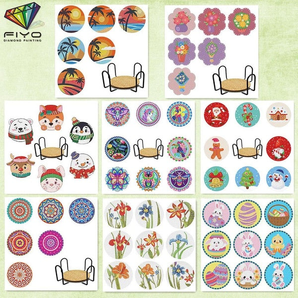 FIYO DIY 6-8-9-12pcs Diamond Painting Coasters with Holder, DIY Diamond painting Gift DIY Coasters Diamond Art Kits for Beginners, Adults & Kids Smal