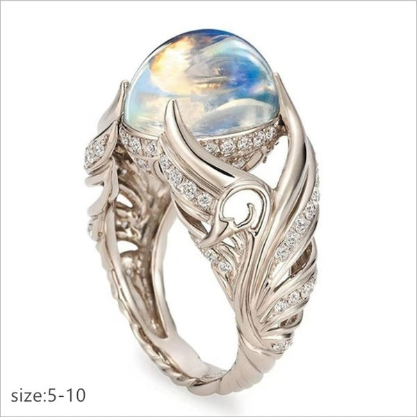 Gorgeous 925 Sterling Silver Ring Angel Wings Wedding Band Charming Moonstone Diamond Jewelry Casual Accessory Christmas Gift Engagement Rings for Wo