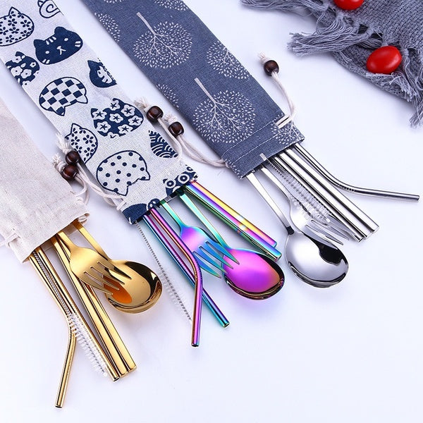 Portable Travel Dinneware Set 304 Stainless Steel Fork Scoop Chopsticks StrawRainbow Cutlery with Pouch