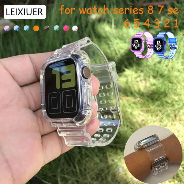 LEIXIUER Transparent Strap for Smart Watch series 8 7 SE 6 5 4 3 2 1 Clear watch case band for SmartWatch 41mm 45mm 40mm 44mm 42mm 38mm Silicone Watc