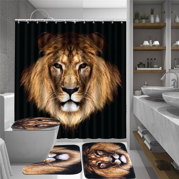 Home Bathroom Decor Set Cool Black Background Lion Pattern Toilet Seat Cover Bath Mat Set Waterproof Shower Curtain