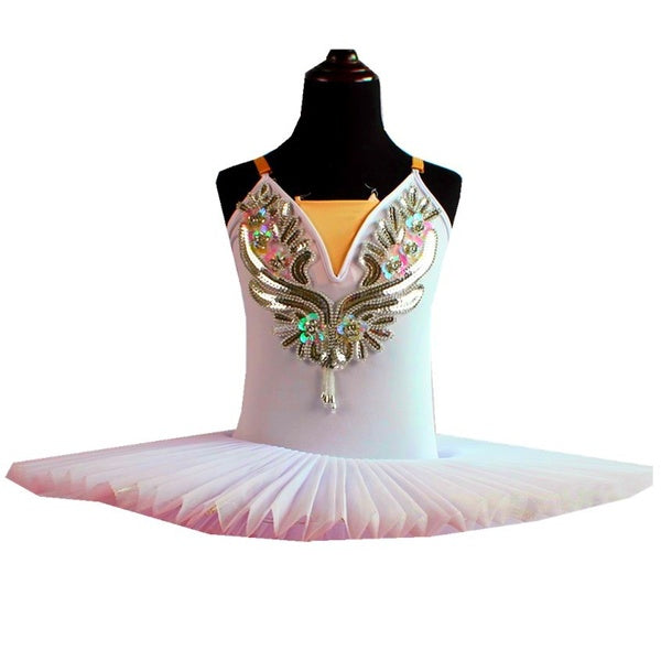 White Belly Dress For Kids Swan Lake Costume Ballet Tutu Skirts For Girls Dance Costume Stage Professional Sequined Flower Appliqued