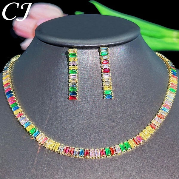 CANDICE Trendy Yellow Gold Plated Chain Baguette Cut Multicolor AAA CZ Zircon Stones Dangle Earrings Choker Necklace Set Women Delicate Jewelry Sets
