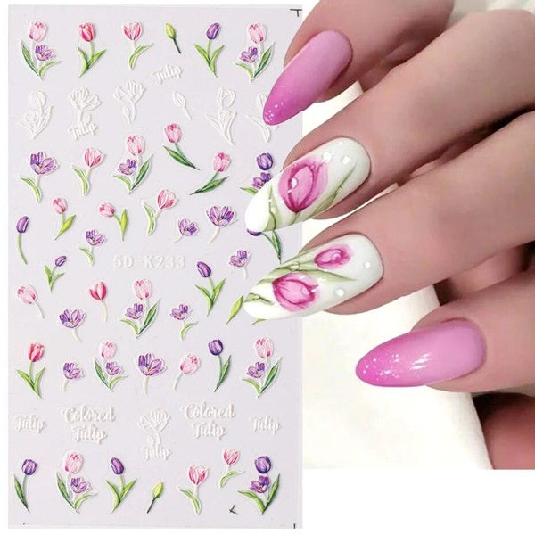 5D Tulip Flowers Nail Art Sliders Snowdrop Embossed Nail Stickers Decals Elegant Wedding Manicure Design Supplies LA5D-K233