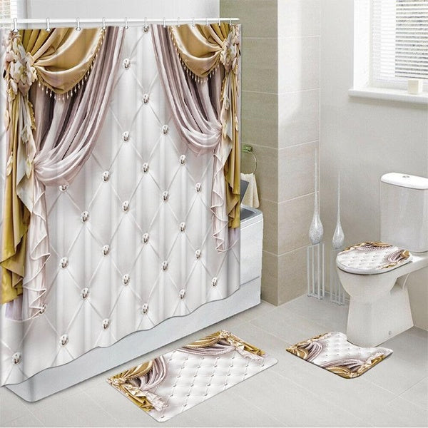 Waterproof Bathroom Shower Curtain Set with 12 Hooks Toilet Seat Bath Mats and Rugs Non-slip Carpet Toilet Covers Polyester Fabric Washable Curtain f