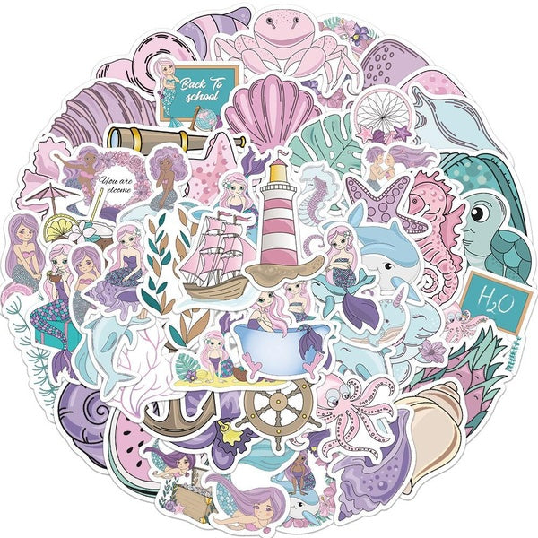 10-56pcs Cute Mermaid and Ocean animal stickers Sea World graffiti Stickers for DIY Luggage Laptop Skateboard Motorcycle Bicycle Sticke