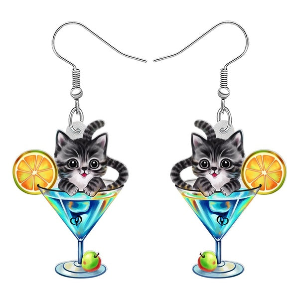 Acrylic Wine Cup Cat Drop Dangle Earrrings Funny Kitten Puss Pets Jewelry Gifts Accessories For Women Girls Kids Party Decorations