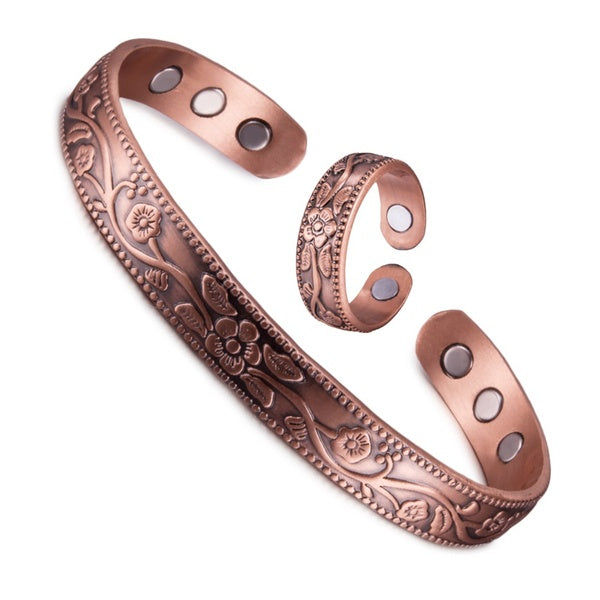 Magnetic Pure Copper Jewelry-Set Adjustable Bracelet Ring Vintage Flower Health Energy Arthritis Set for Women Men