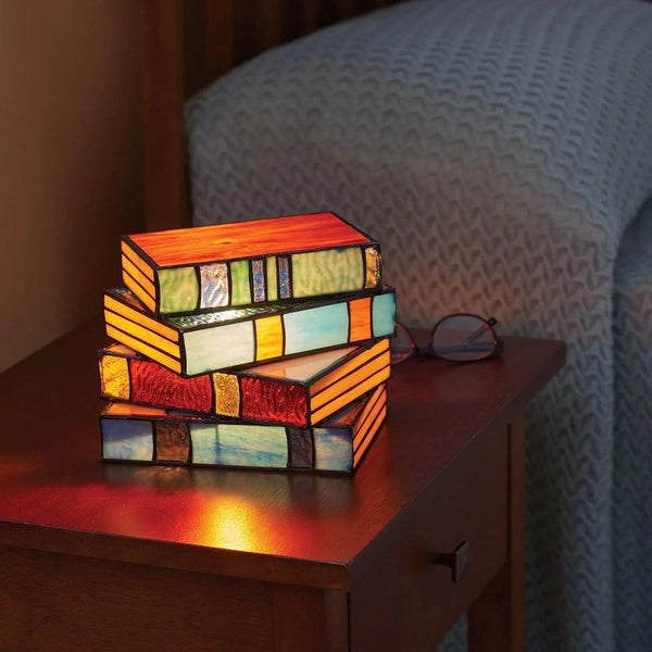 Stacked Books Lamp Nightstand Desk Lamps Resin Handicraft Stacked Books Light Stained Glass Table Desk Reading Light Decorative Light