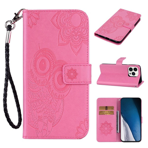 Coque pour iPhone 14, iPhone 13 étui à rabat pour avec fente pour cartes poches à monnaie gaufrage rose hibou étui portefeuille à rabat en cuir pour