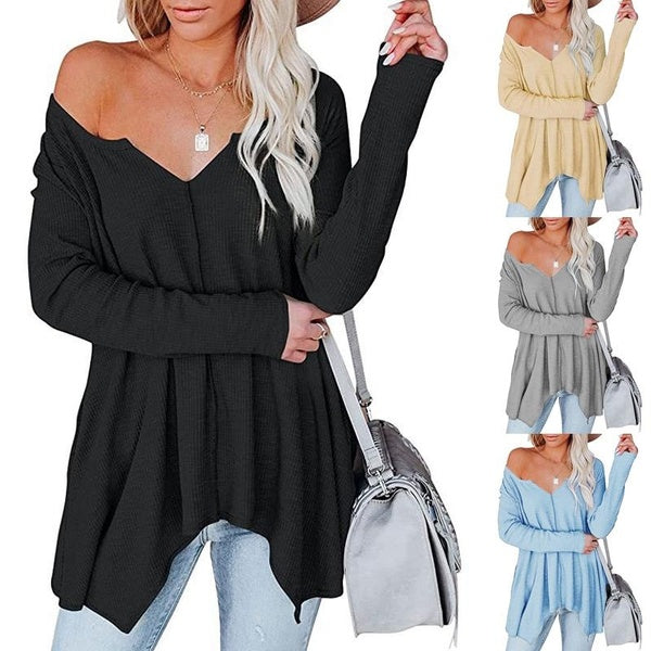 Women's Fashion Casual V-neck Long Sleeve Blouses Autumn Winter Loose T-shirts Ladies Solie Color Blouses Tops