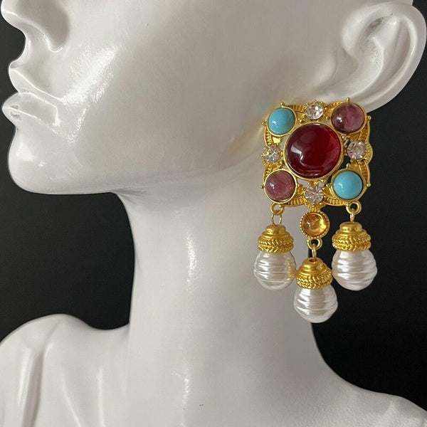 Boucles d'oreilles Pendantes Etrusques Mogul Or Mat Fausse Perle Turquoise Percé