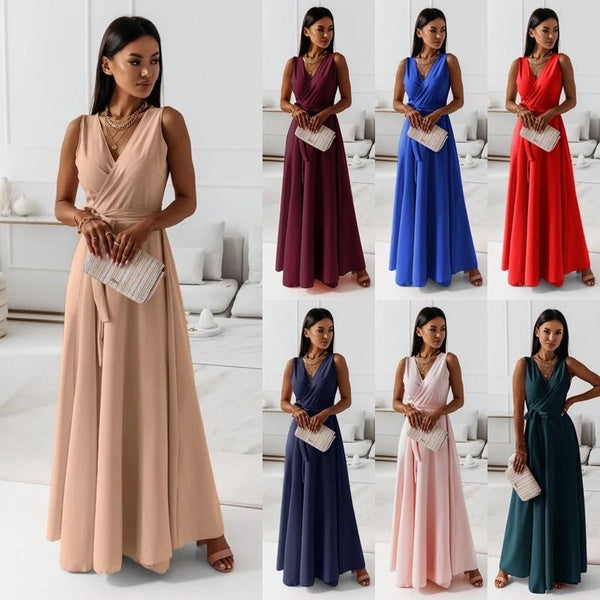 Women's Elegant V-neck Sleeveless Party Dress Fashion Casual Tie Up Maxi Dresses Solid Color