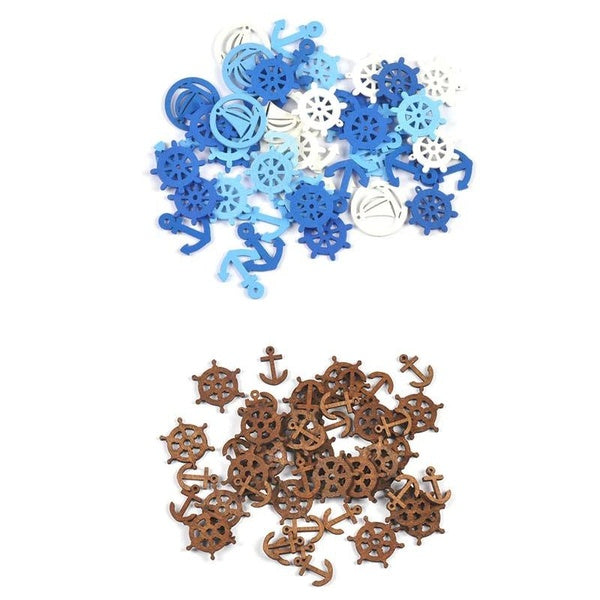 50pcs 20-35mm Blue-Brown Anchor Ship Rudder Wood Crafts For DIY Scrapbook Accessories Wooden Ornaments Home Decor Handicrafts