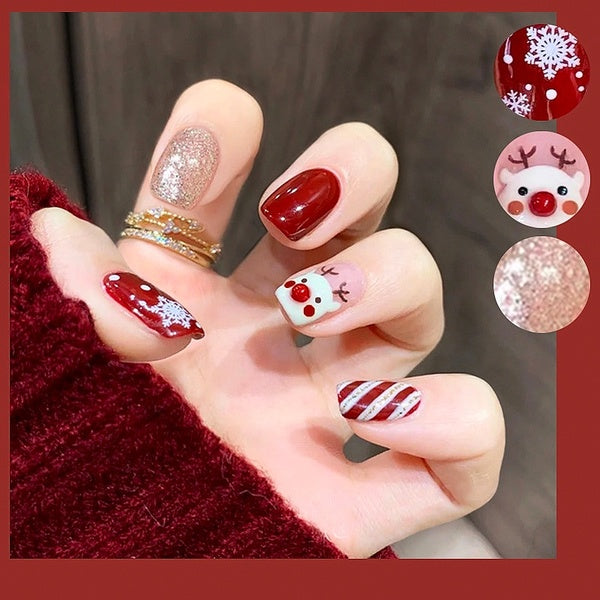 24PCS Shimmer Glossy Press on Nails Medium Length Square Fake Nails Red Artificial Full Cover False Nails for Women and Girls Christmas