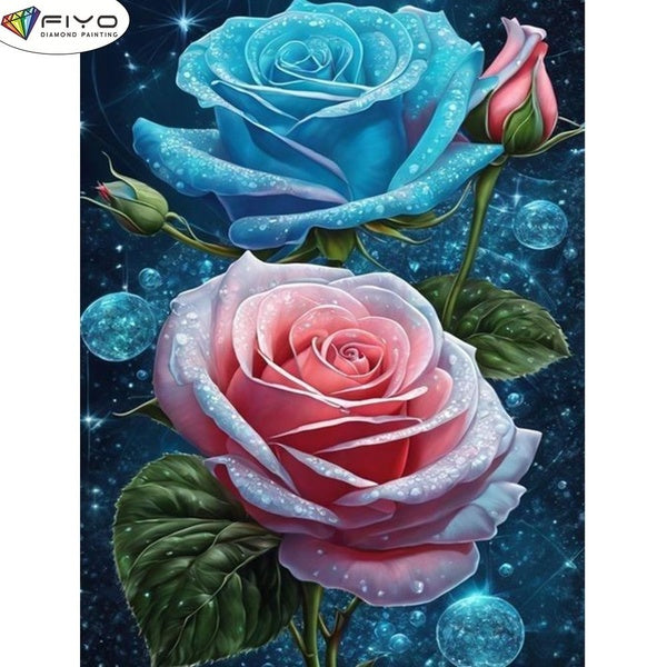 FIYO DIY 5D Pink Blue Rose Diamond Painting Full Drill with Number Kits Home and Kitchen Fashion Mosaic Diamond Painting Canvas Wall Decoration Gift