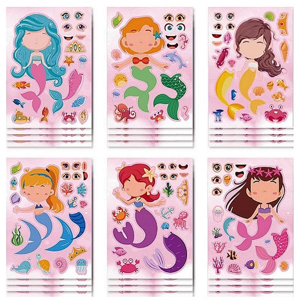 12Sheets-Lot Kids Creative Make A Face Stickers Make Your Own Mermaid DIY Puzzle Stickers Party Favors Kids Toys Birthday Gifts
