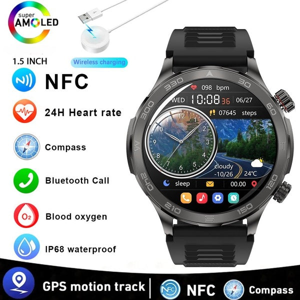 2024 Nouveau Boussole NFC Robuste Militaire Montre Intelligente Hommes Charge Sans Fil GPS Fitness Piste IP68 Étanche Bluetooth Appel Smartwatch Homm