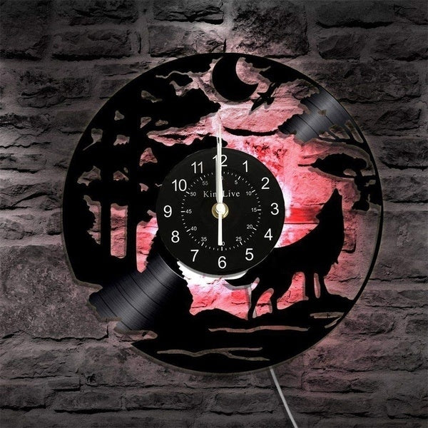 Wolf Vinyl Record Wall Lamp Creative Classic Home Decor Musical Handmade CD Led Time Clock With Color Changing Led Light