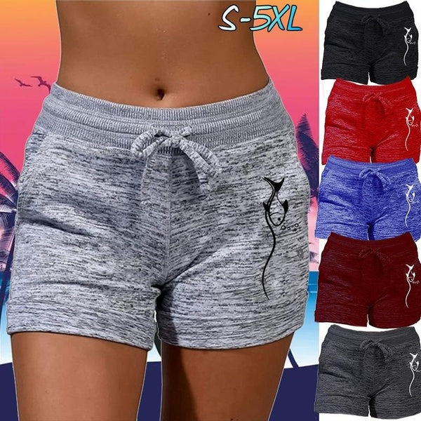 Women Fashion Soft and Comfy Activewear Cute Fish Pattern Printed Casual Shorts with Pockets and Drawstring High Waist Breathable Fitness Shorts Plus
