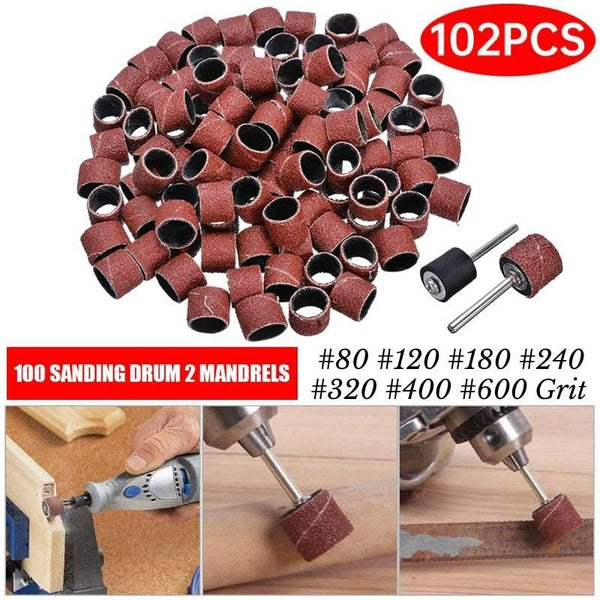 Kit de 102 tambours de ponçage #80 #120 #180 #240 #320 #400 #600 Bandes de ponçage à grain 1-2" 1-4" Mandrins de tambour de ponçage adaptés aux outil