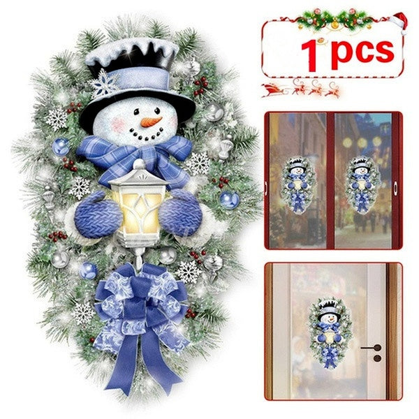 1Pcs Warm Winter Welcome Snowman Wreath Stickers Christmas Home Door Wall Window Stickers Decals