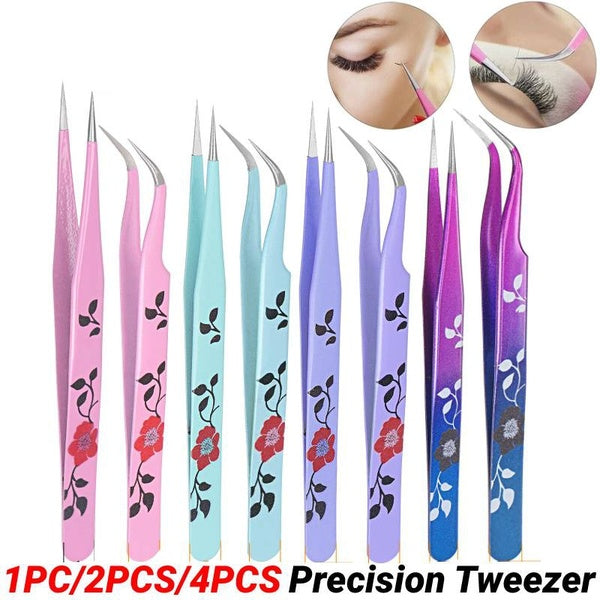 1pc-2pcs-4pcs Flower Print Anti-static Stainless Steel Tweezers Precision Straight Curved Tip Tweezer for Eyelash Extension, Makeup, Electronics, Cra