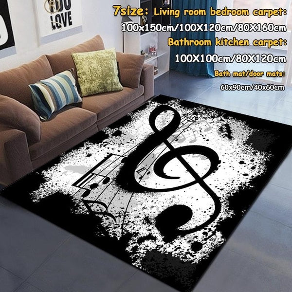 3D Black and White Music Notes Carpets Living Room Bedroom Carpet Non-slip Water Absorption Carpet Kitchen Bathroom Rugs Kids Play Mat Yoga Mat Home