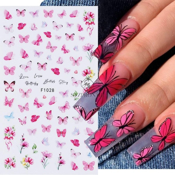 3D Pink Flower Petals Nail Art Stickers Leaf Butterfly Sunflower Summer Cute Animal Slider Nail Decoration