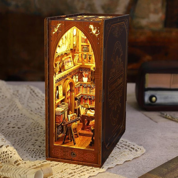 DIY Book Nook Miniature Kit for Bookshelf Insert Decor, 3D Wooden Puzzle Library Decorative Bookend with Lights Kits Gifts for Kids
