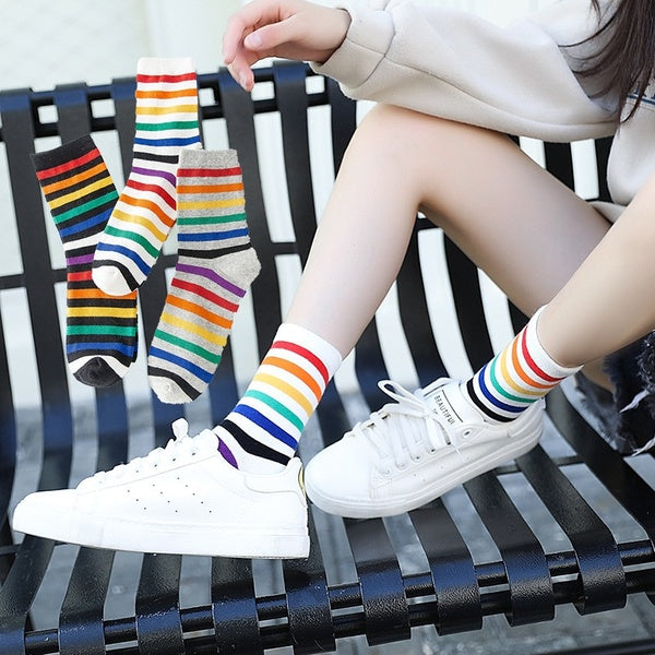 Rainbow Striped Cotton Stockings Sweat-absorbing Sports Four Seasons Rainbow Socks