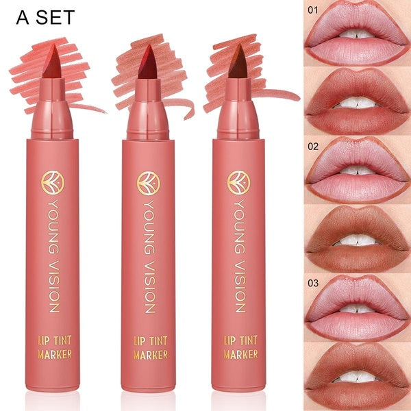 YOUNG VISION Lip Tint Marker 3 PCS Set, Teinture à lèvres légère, Rouge à lèvres liquide avec nuances nues mates, Crayon à lèvres et Stick 2-en-1, Lo
