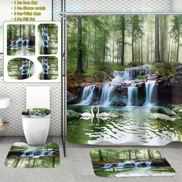 3D Green Waterfall Scenery Bathroom Shower Curtain Set Forest Misty Waterfall Waterproof Shower Curtain+ Non Slip Carpet + Toilet Lid Cover + Non-Sli