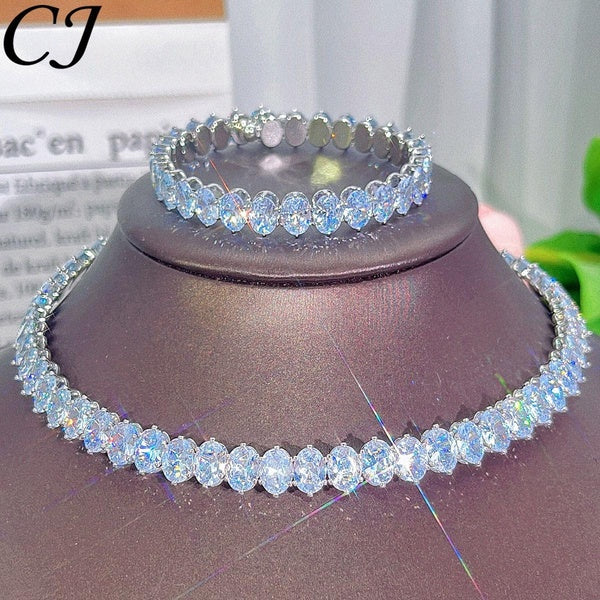 CANDICE Dazzling White Gold Color Adjustable Bracelet Choker Necklace Sets Inlaid Bling AAA Oval Cubic Zircon Crystal Luxurious Brides Wedding Jewelr