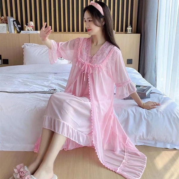 Pyjama ample de printemps et d'été, grand pyjama en soie glacée à manches cinq quarts, ensemble peignoir trois pièces