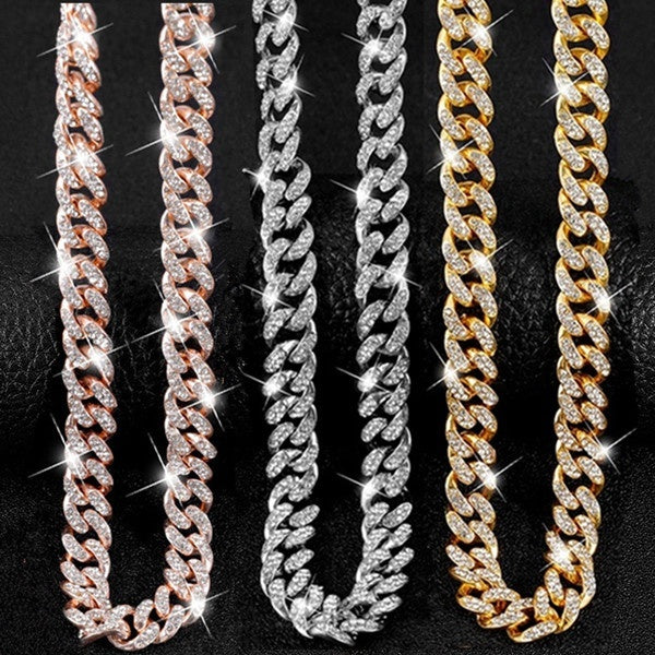 13mm Wide Gold-Silver-Rose Gold Iced Out BlingBling Diamond Cuban Link Chain Miami Choker Necklace for Fashion Men and Women Hip Hop Jewelry