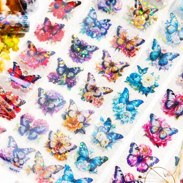 1Roll Glitter Butterfly Series PET Tape Scrapbooking Decoration Collage Journal Diary Stickers Stationery