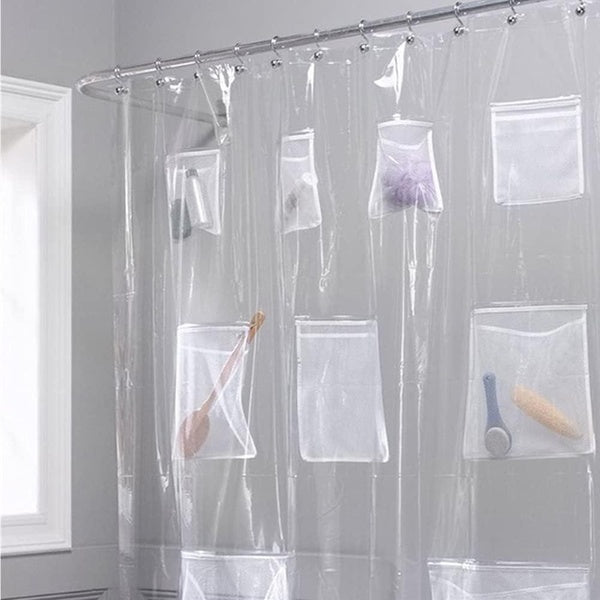 1pc EVA Waterproof Shower Curtain Or Liner, Transparent Shower Curtain With Mesh Storage Pockets And 12 Hooks Bathroom Partition Curtain For Shower S