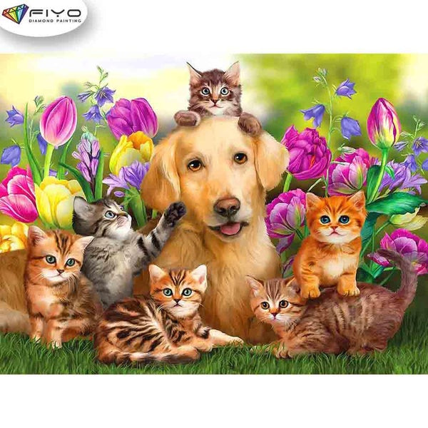 FIYO Dogs and Cats Diamond Painting Kits For Adults DIY 5D Diamond Mosaic Diamond Painting Home and Kitchen Fashion Canvas Pictures Wall Decoration G