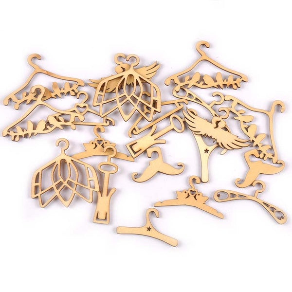 20Pcs Natural Wood Crafts Arts Coat Hanger Pattern Wooden Chip Handmade Accessories DIY Scrapbooking Ornaments Home Decor MT2603