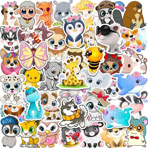 10-50pcs Cute Big Eyes Animals Stickers Mixed Animal Graffiti Stickers for DIY Luggage Laptop Skateboard Motorcycle Bicycle Stickers